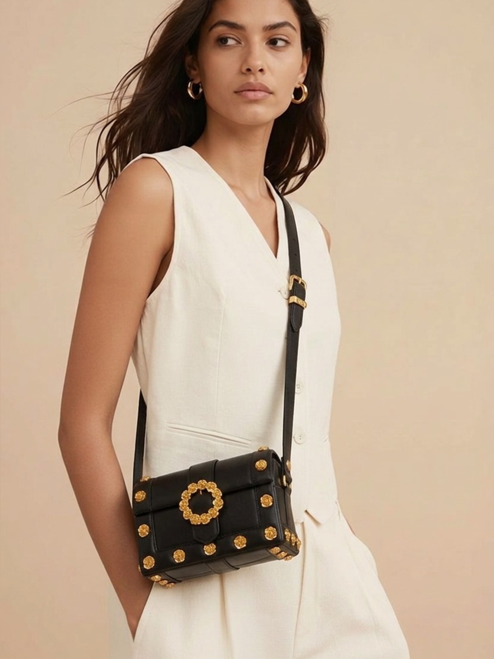 Gemma Kahng Vintage Black Quilted Shoulder Bag with Gold Floral Accents